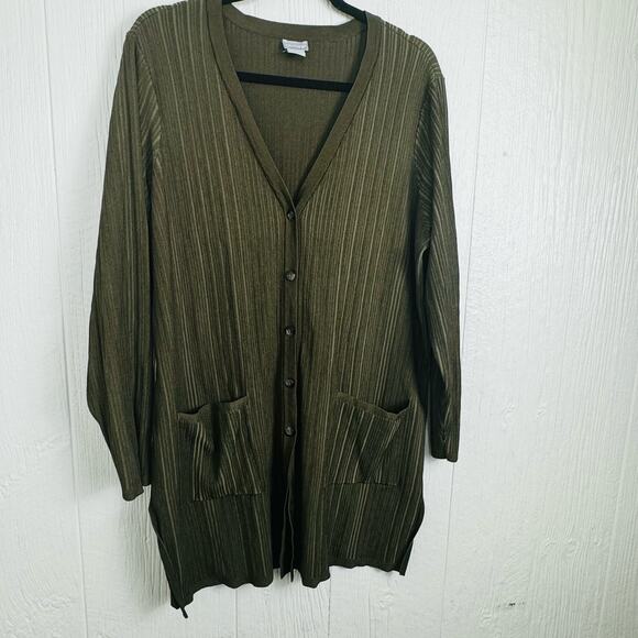 Chico's Flat-Back Ribbed Cardigan Sweater Green Button Front Pockets Women SZ 2 - Picture 9 of 10